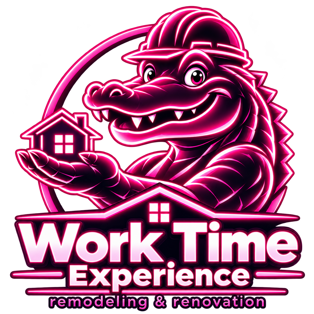 WTE neon-pink crocodile wearing a hard hat and holding a house, above Work Time Experience
